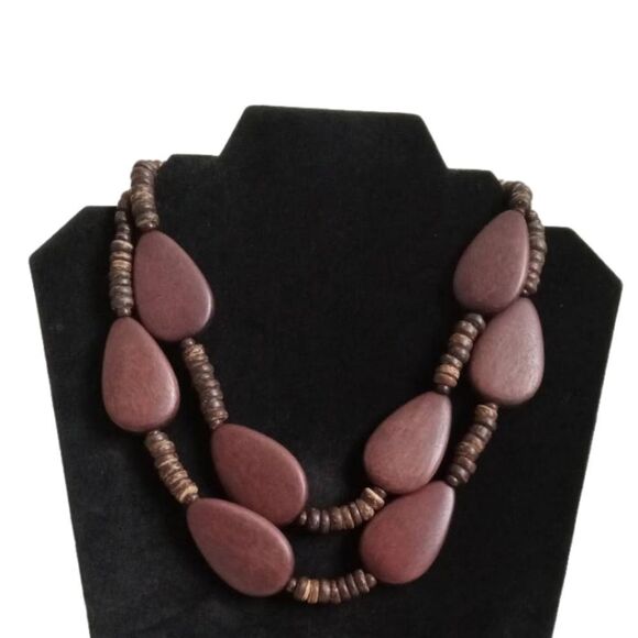Solid Brown Wooden Stacked & Teardrop Beads Double Strand Layered Boho Necklace - Picture 1 of 8